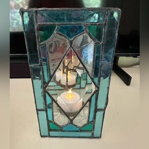 ARTIST SIGNED HANDMADE STAINED GLASS TEA LIGHT CANDLE LANTERN WALL SCONCE OOAK